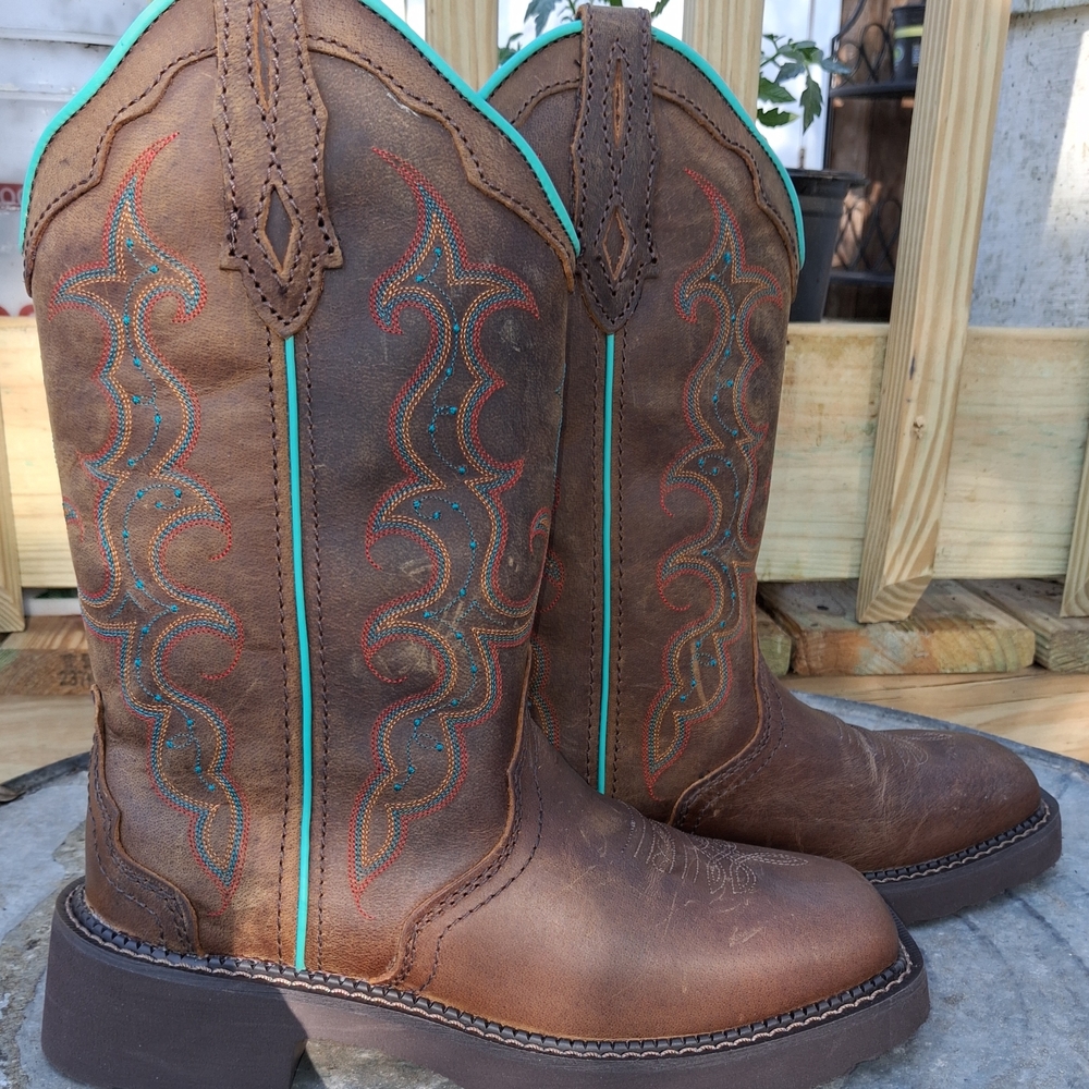 Justin Boots Brown Leather Western Combat Boots with Turquoise Trim